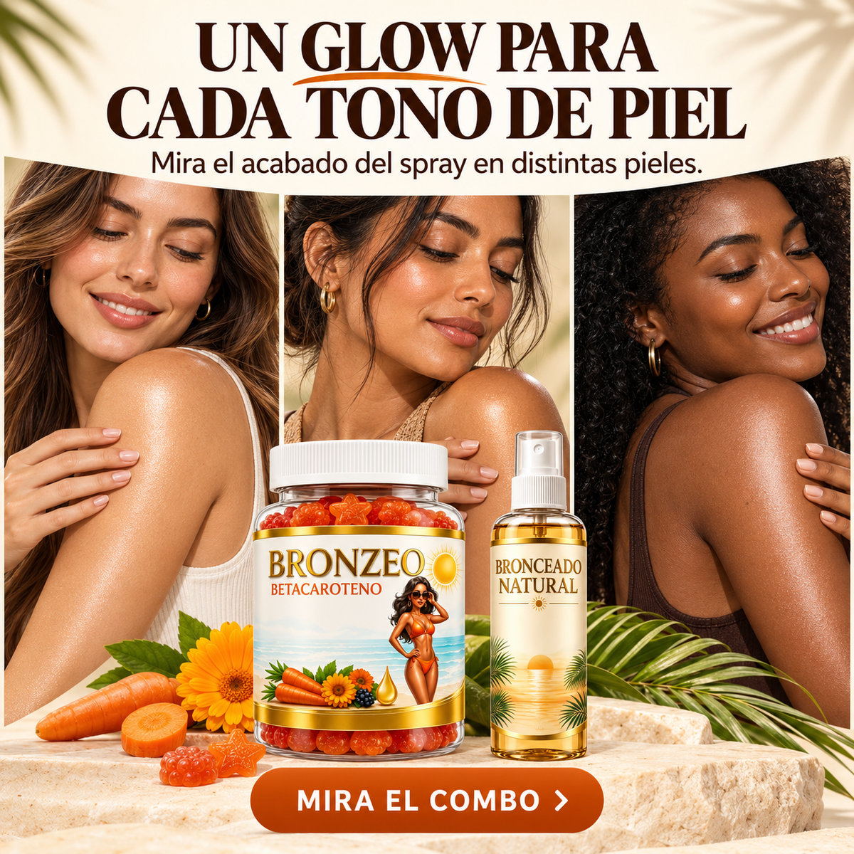 Combo 2X1 BRONZEO Glow: Gomitas de Betacaroteno + Spray Bronceador
