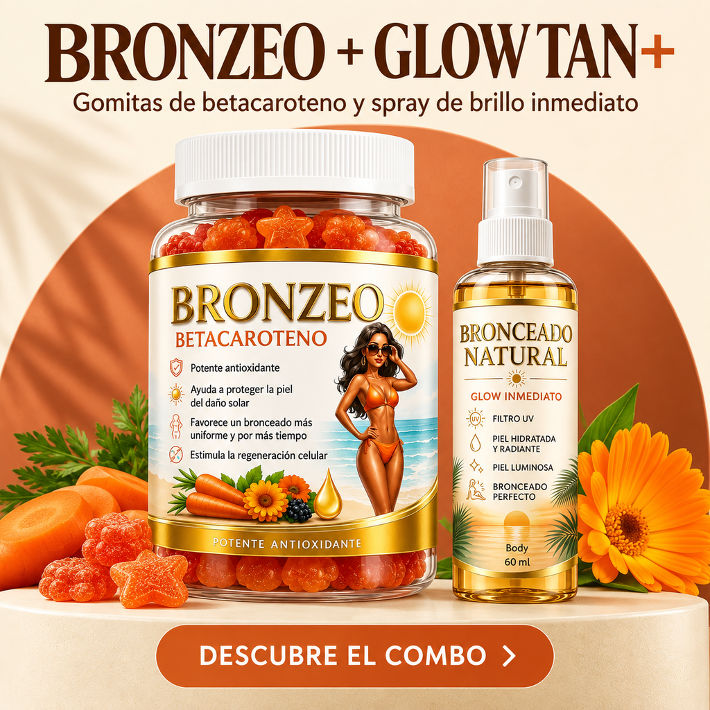 Combo 2X1 BRONZEO Glow: Gomitas de Betacaroteno + Spray Bronceador