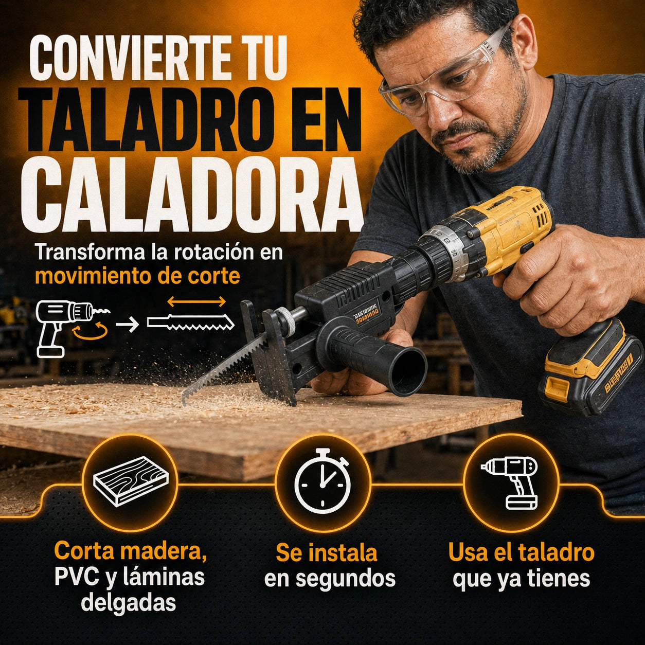 Adaptador Convierte Taladro a Sierra Caladora + 3 Hojas de Corte