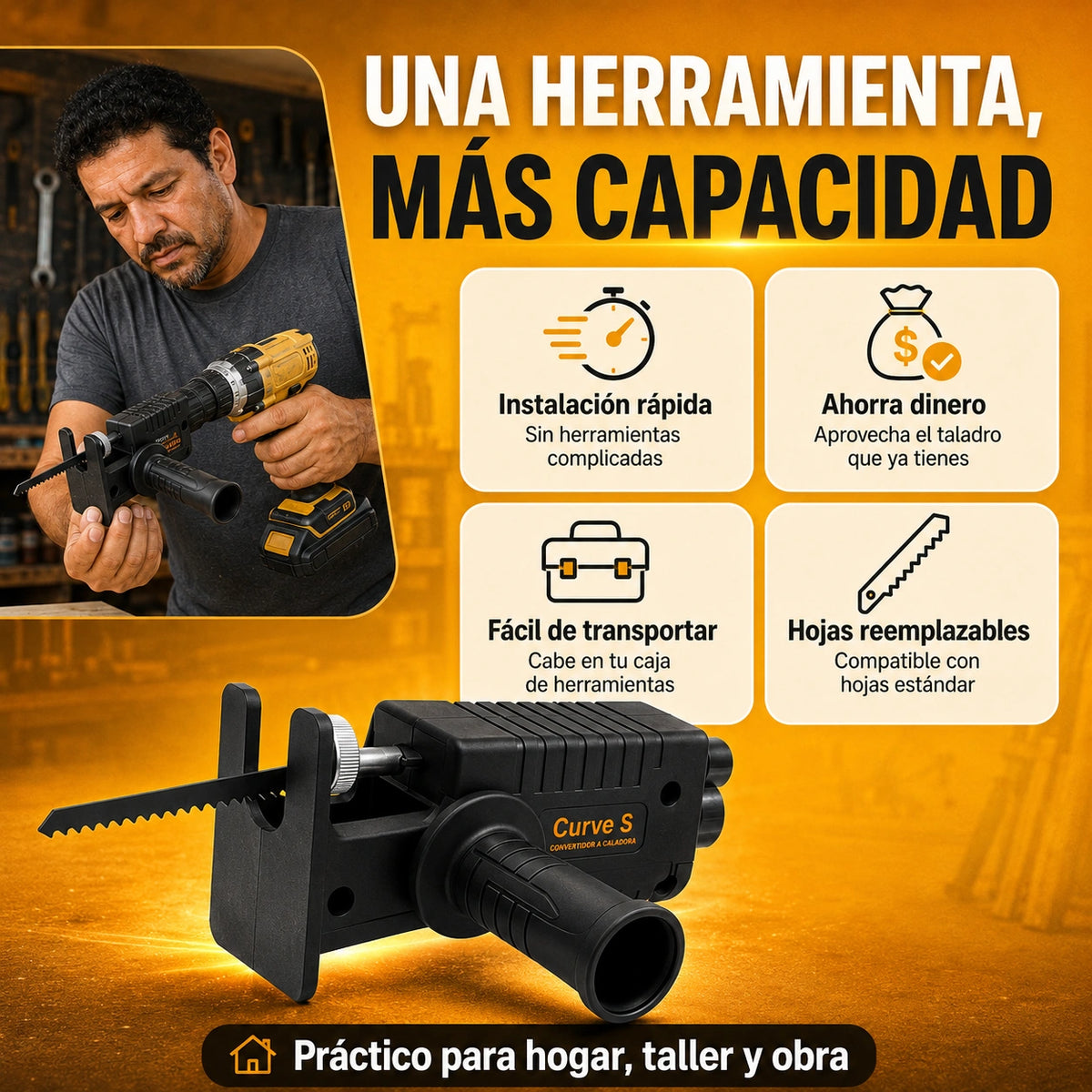 Adaptador Convierte Taladro a Sierra Caladora + 3 Hojas de Corte