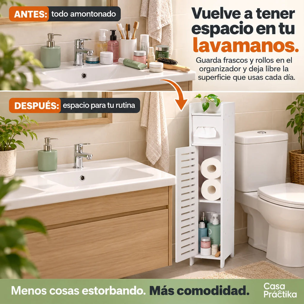 Organizador Vertical para Baño: Guarda Papel y Productos de Aseo, Libera Espacio y Mantén Todo en Orden