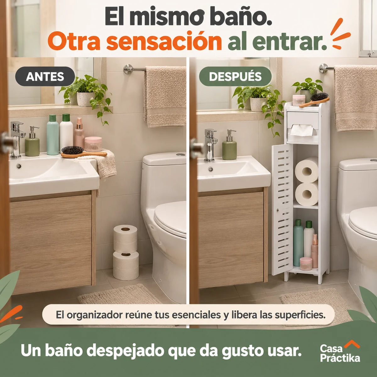 Organizador Vertical para Baño: Guarda Papel y Productos de Aseo, Libera Espacio y Mantén Todo en Orden
