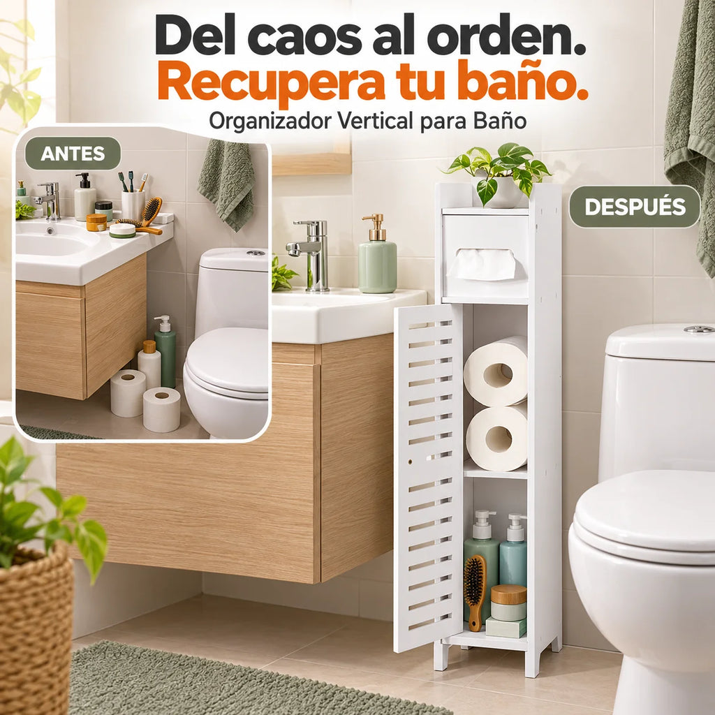 Organizador Vertical para Baño: Guarda Papel y Productos de Aseo, Libera Espacio y Mantén Todo en Orden