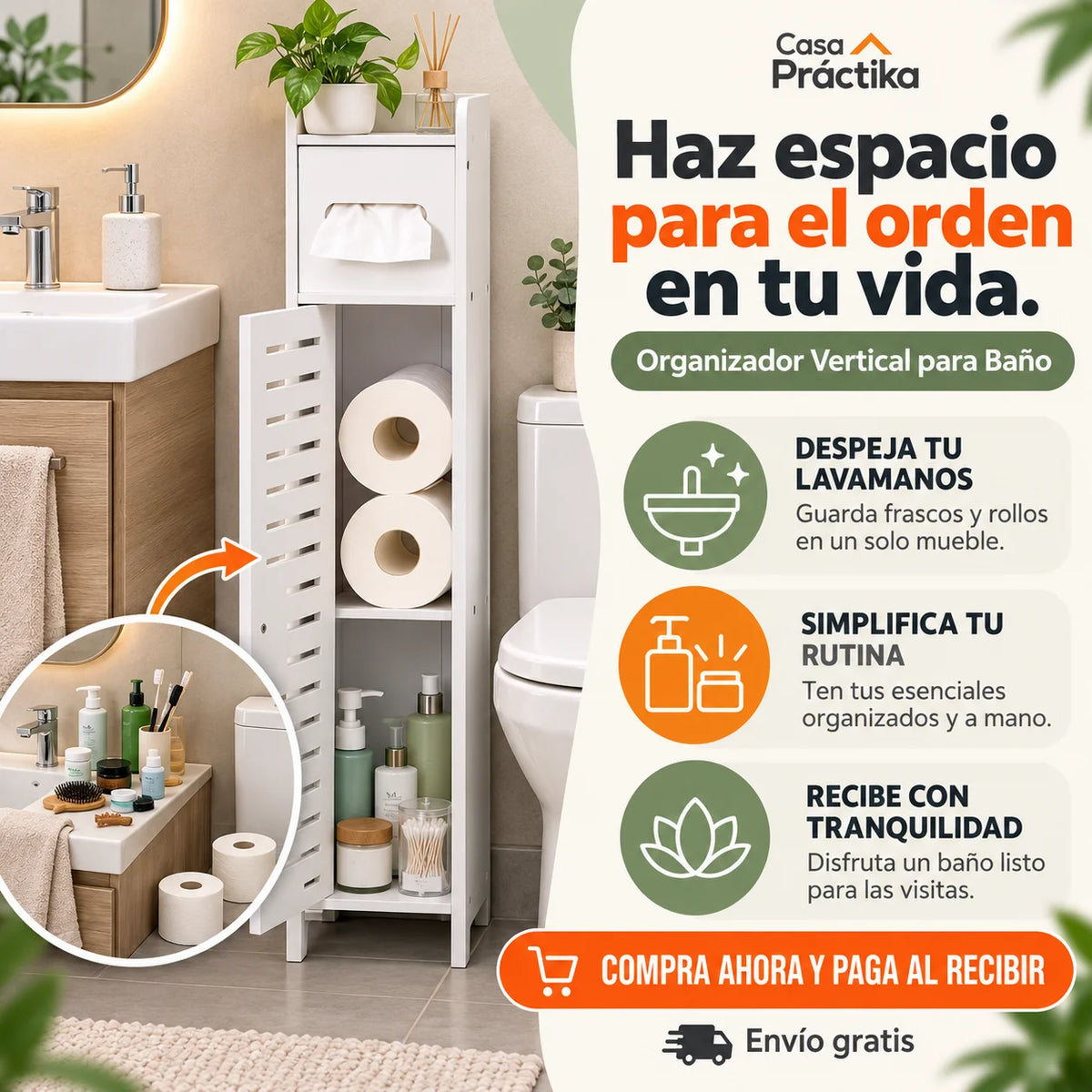 Organizador Vertical para Baño: Guarda Papel y Productos de Aseo, Libera Espacio y Mantén Todo en Orden