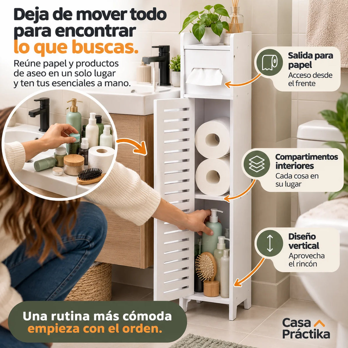 Organizador Vertical para Baño: Guarda Papel y Productos de Aseo, Libera Espacio y Mantén Todo en Orden