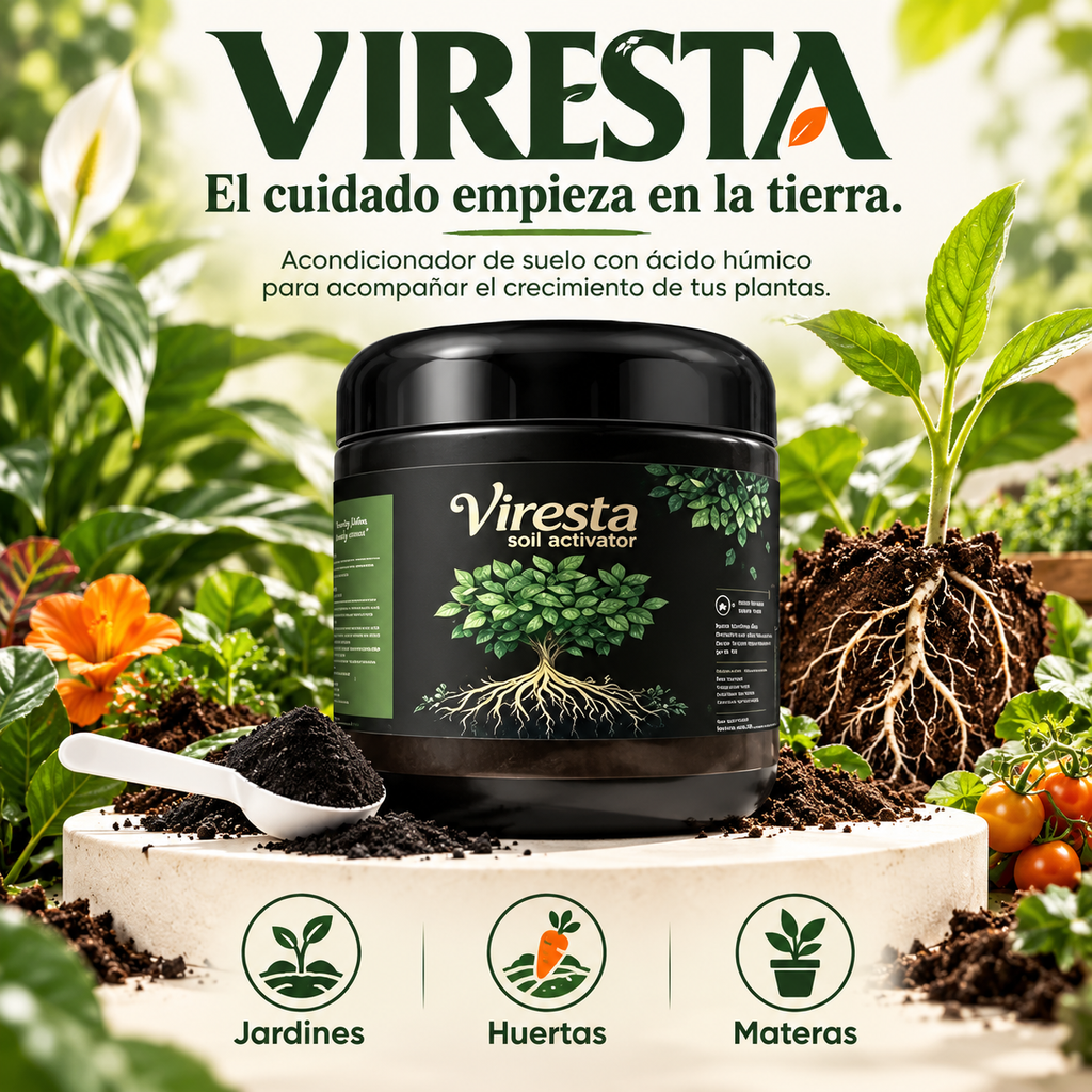 Viresta – Revitalizador de suelos que ayuda a recuperar la tierra agotada para que tus plantas crezcan fuertes.