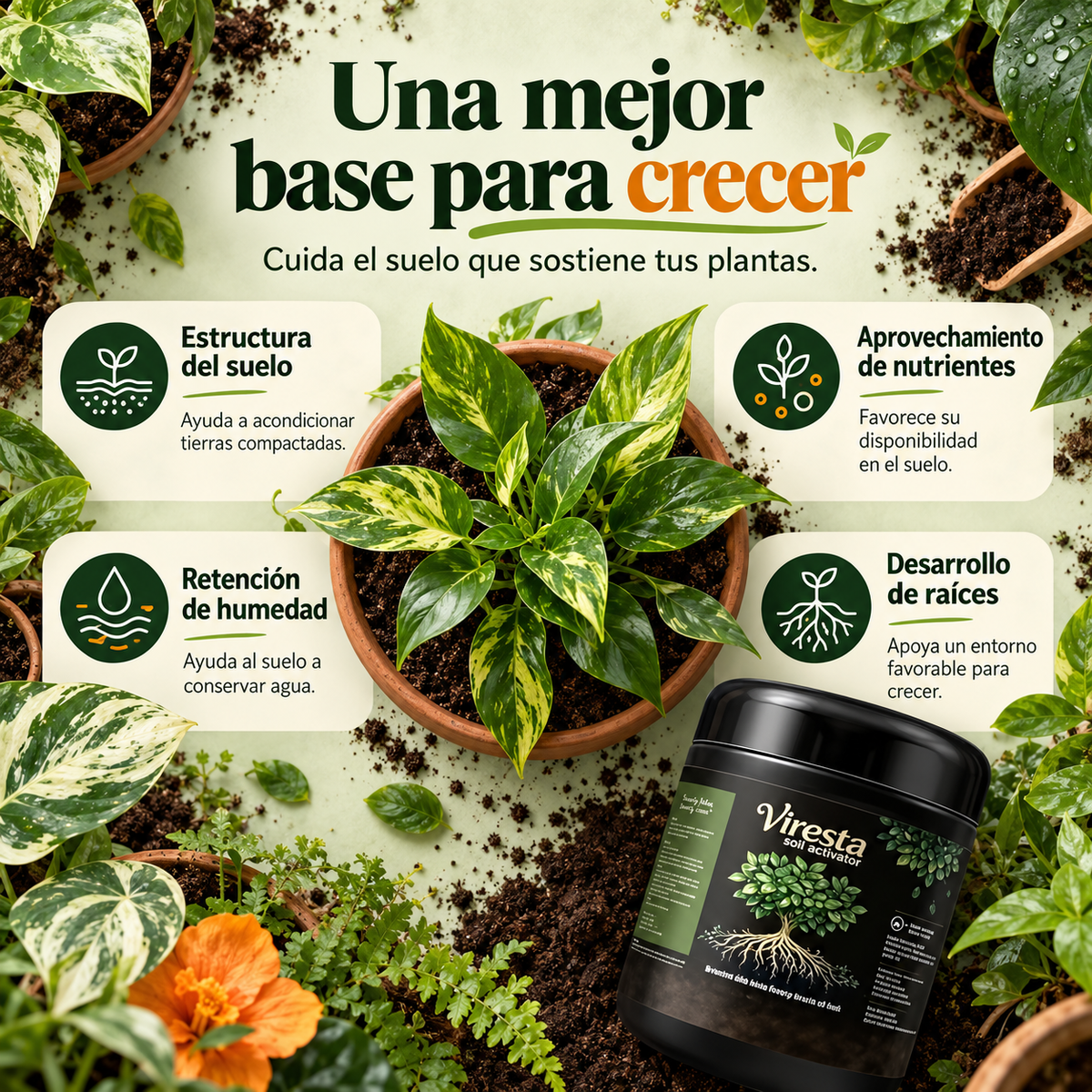 Viresta – Revitalizador de suelos que ayuda a recuperar la tierra agotada para que tus plantas crezcan fuertes.