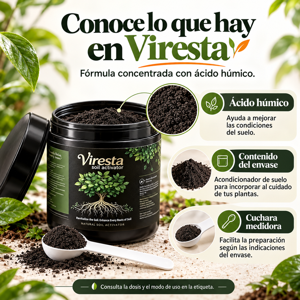 Viresta – Revitalizador de suelos que ayuda a recuperar la tierra agotada para que tus plantas crezcan fuertes.