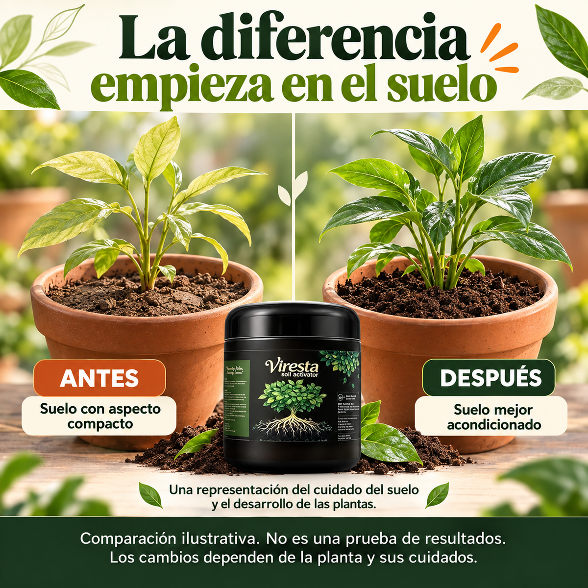Viresta – Revitalizador de suelos que ayuda a recuperar la tierra agotada para que tus plantas crezcan fuertes.
