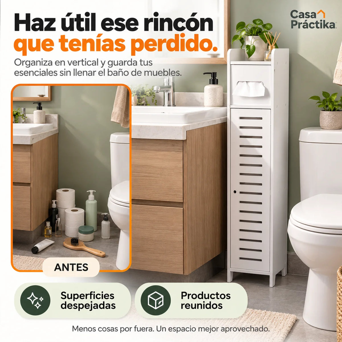 Organizador Vertical para Baño: Guarda Papel y Productos de Aseo, Libera Espacio y Mantén Todo en Orden