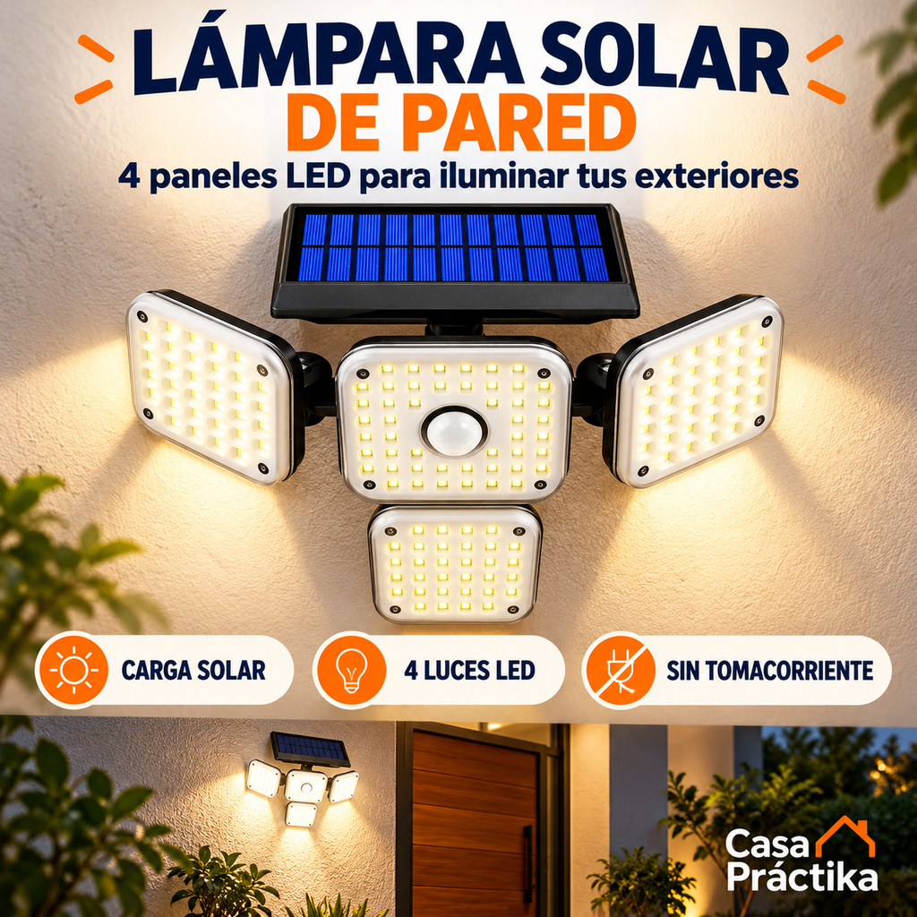 Lámpara Solar de Pared con 4 Paneles LED – Ilumina tu Entrada y Patio sin Tomacorriente