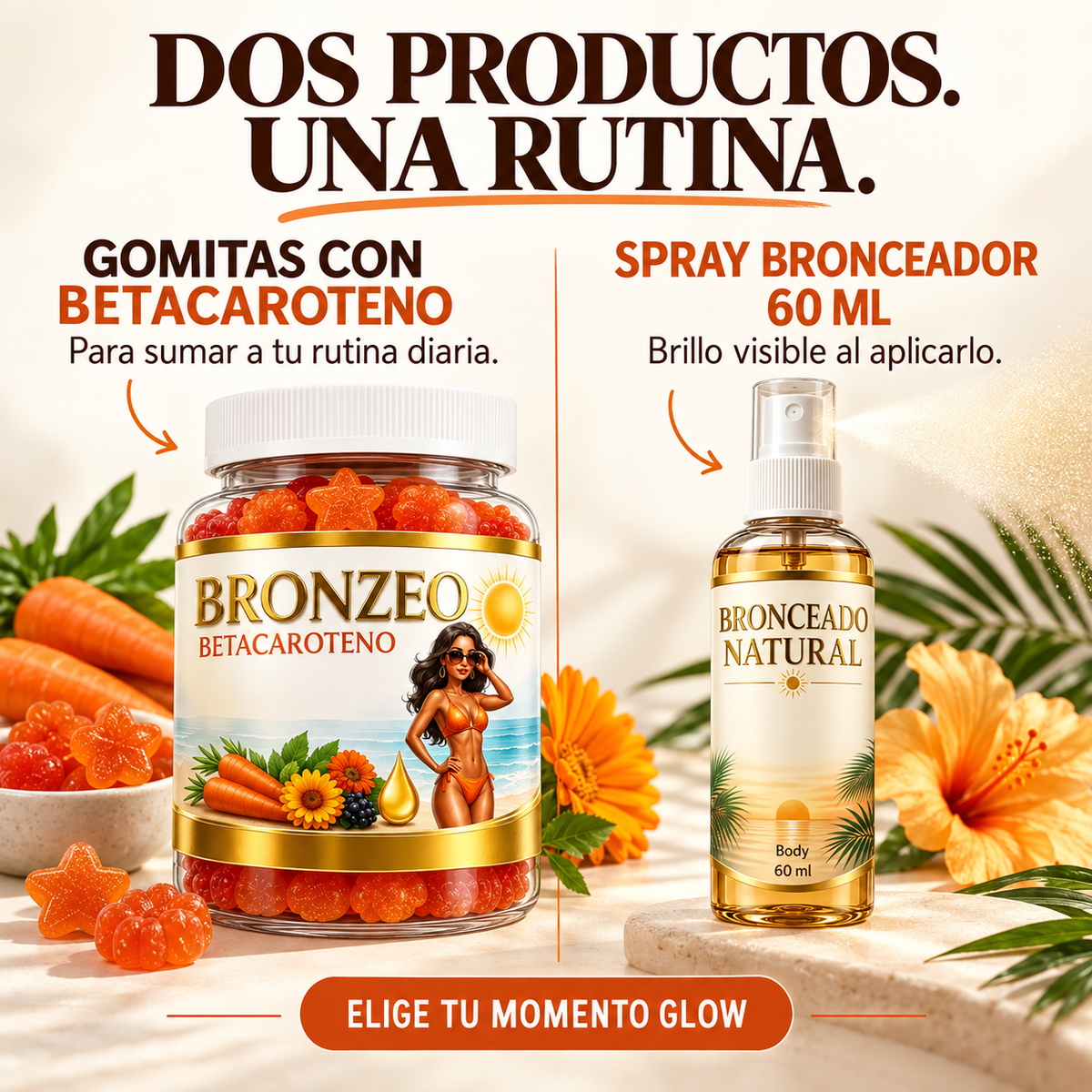 Combo 2X1 BRONZEO Glow: Gomitas de Betacaroteno + Spray Bronceador
