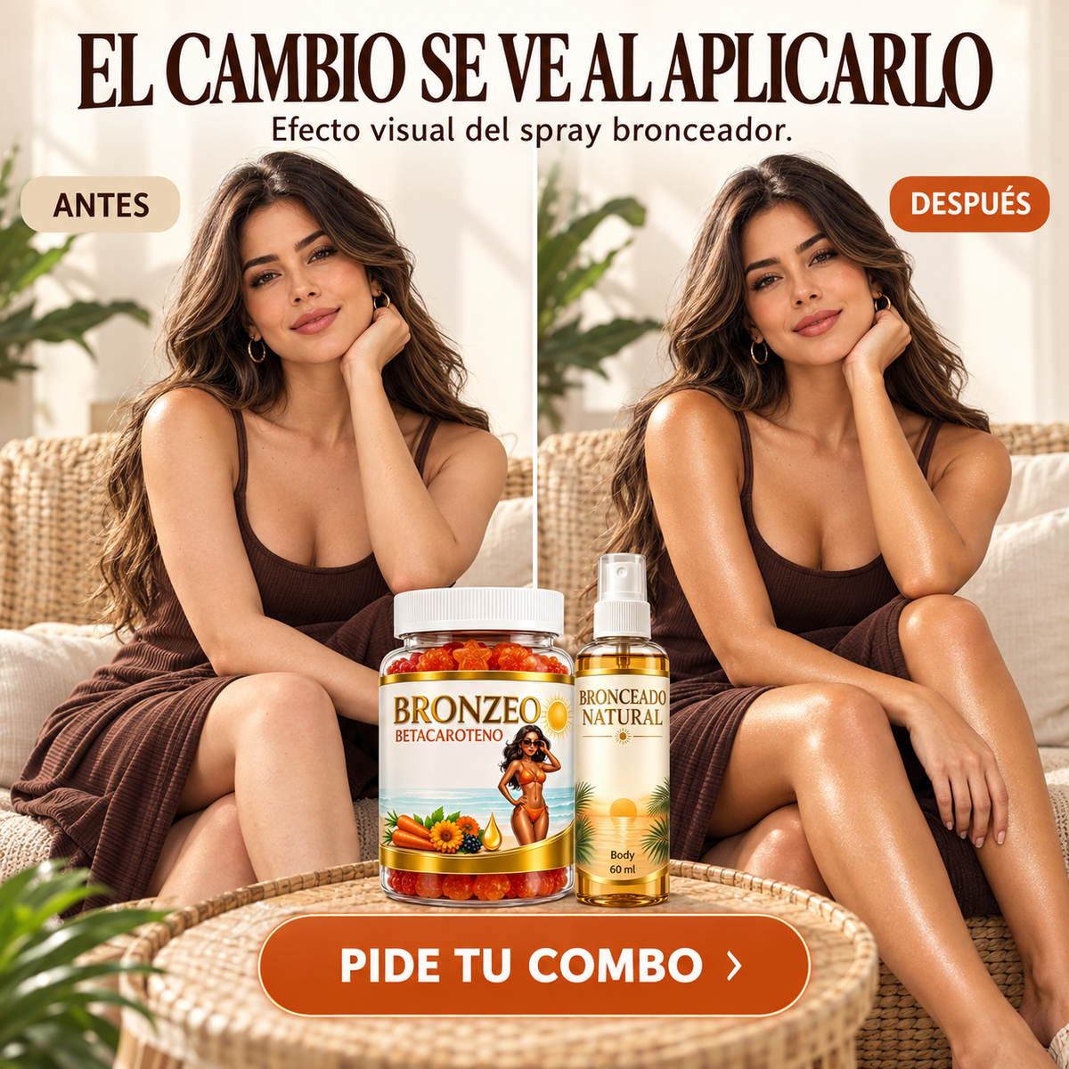 Combo 2X1 BRONZEO Glow: Gomitas de Betacaroteno + Spray Bronceador